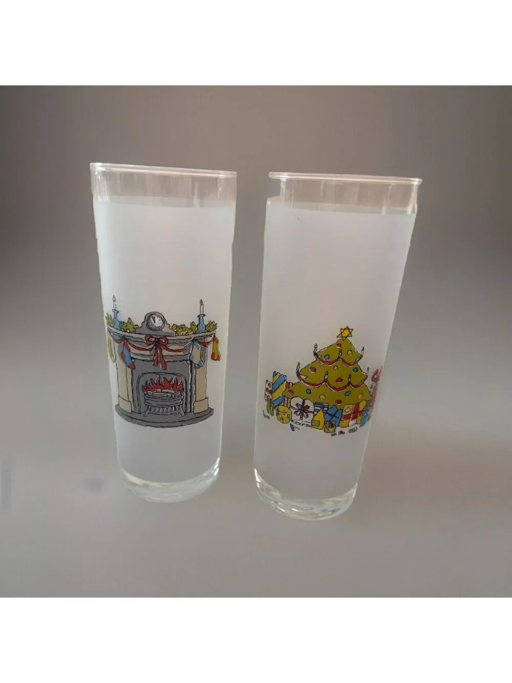 Christmas Frosted Highball Tumblers Window Scene Glasses Set Portugal Vintage